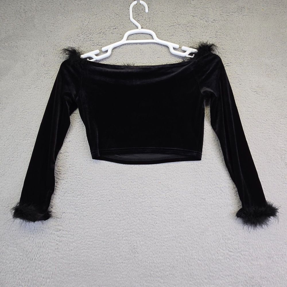 Allegra K Velour‎ Crop Top Womens XS Black Fur Trim Club Rave Whimsigoth Glam - Picture 2 of 10